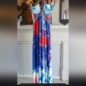 Vibrant Blue and Red Maxi Dress.Dize XL .open Back